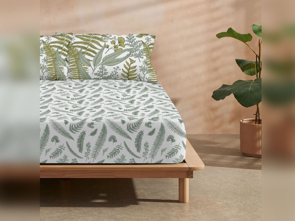 Sábana bajera ajustable 100% algodón 90x200 cm motivos vegetales tonos  verdes