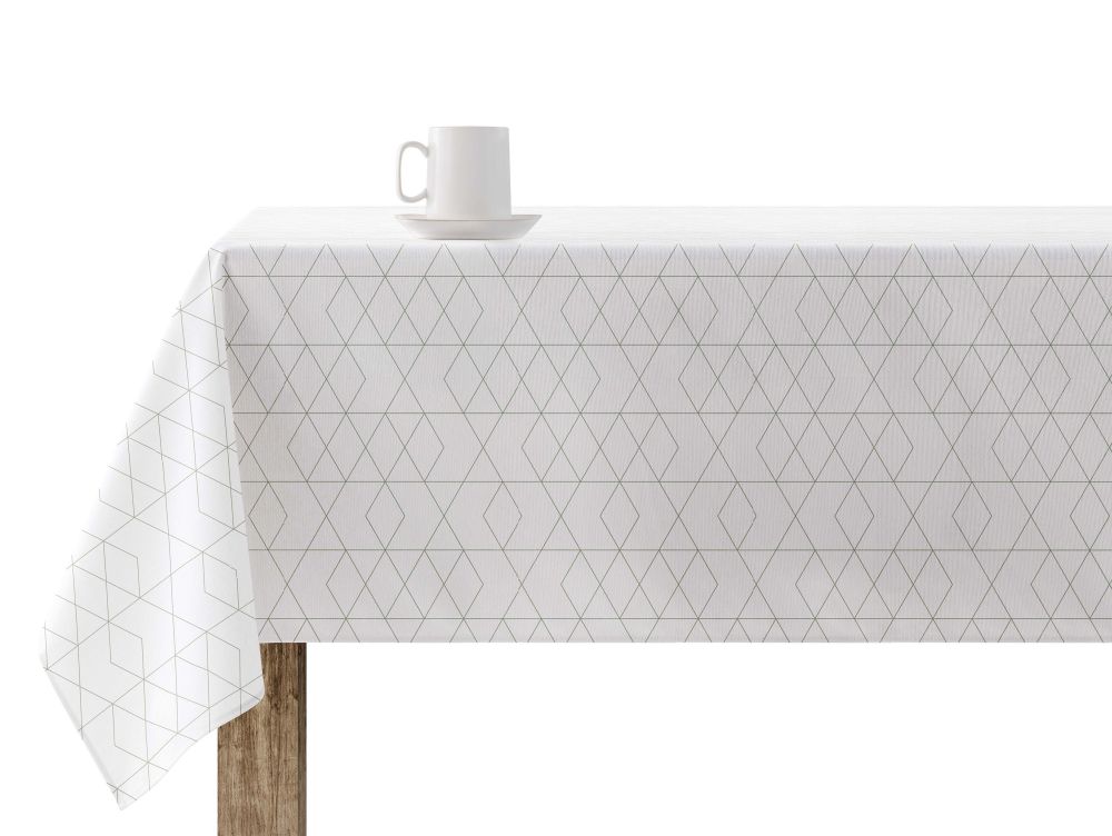 Mantel antimanchas 100% algodón 100x140 cm diseño geométrico blanco líneas  verdes