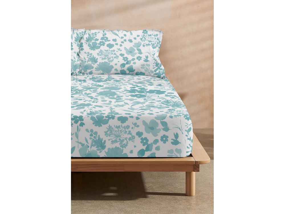 Sábana bajera ajustable 100% algodón 90x200 cm diseño floral verde